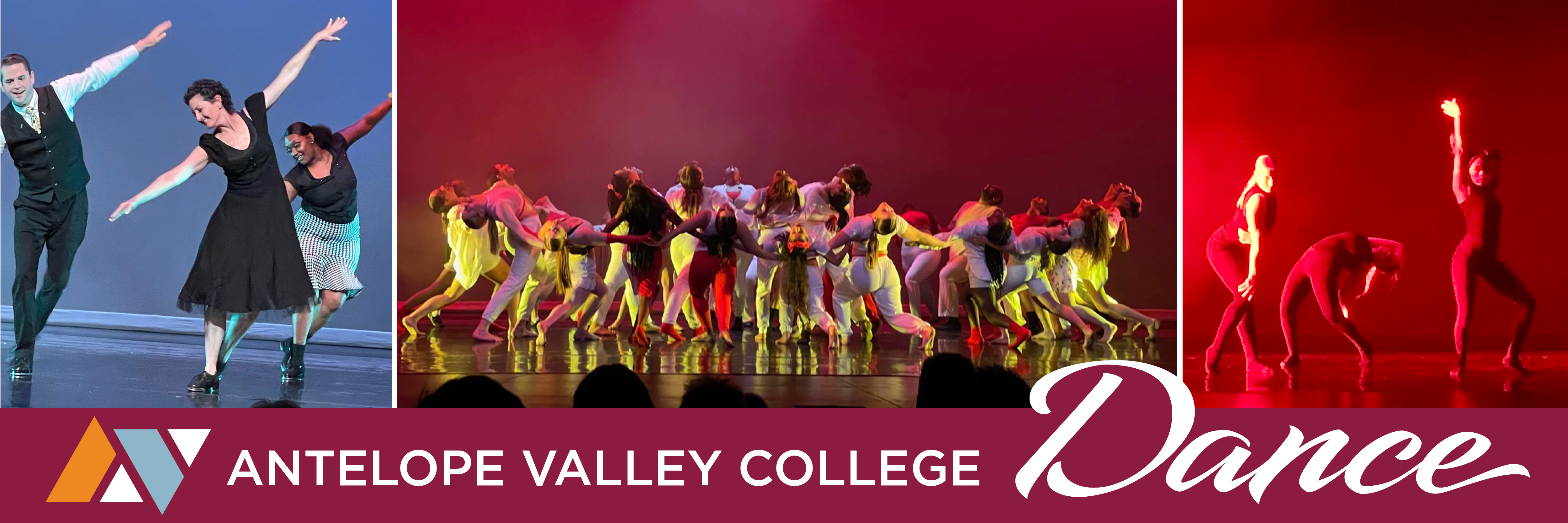 hree pictures with two of individuals dancing that are the left and right of a group picture of individuals in a former class. Underneat the pictures are the words Final Dance Showings with the AVC logo in white on a purple background 